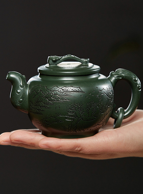 宜兴紫砂壶单环龙把玉如意绿泥正品功夫茶具家用手工泡茶壶265cc