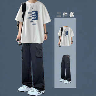 夏季短袖套装男青少年宽松潮流帅气工装风休闲裤bf百搭运动两件套