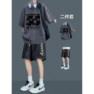 学生短袖短裤休闲运动套装青少年痞帅宽松T恤潮男日常酷帅两件套