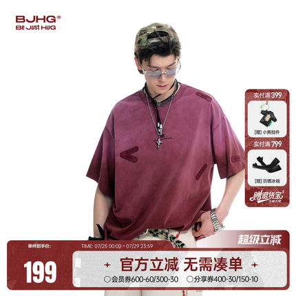 BJHG趣味创可贴纯棉短袖t恤男2025新款潮夏季美式复古半袖上衣女