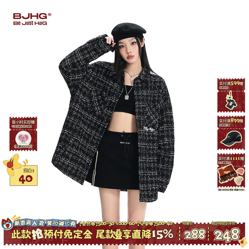 【预】BJHG不计后果美式小香风夹克男秋季潮牌格纹开衫翻领外套女