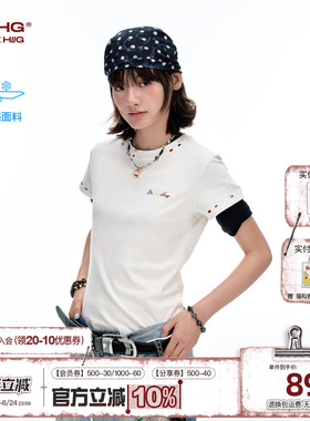 BJHG不计后果 凉感短袖T恤女2026新款夏季潮美式白色正肩修身上衣