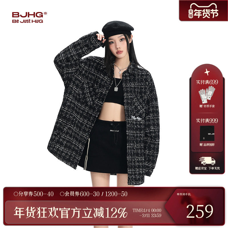 BJHG不计后果美式小香风夹克男潮牌冬季格纹衬衫高级感翻领外套女,男装,夹克,淘宝优惠券,粉丝福利购,淘宝优惠卷