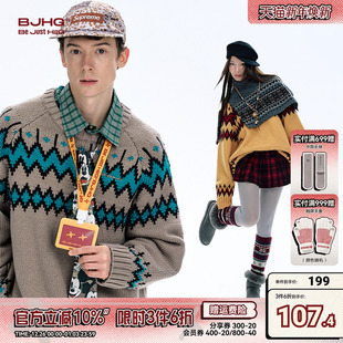 潮复古慵懒撞色针织衫 冬季 新款 BJHG不计后果费尔岛情侣毛衣男女款