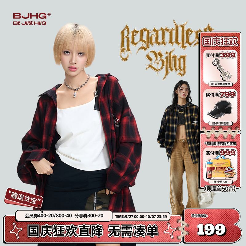BJHG红色格子衬衫男秋季美式外套