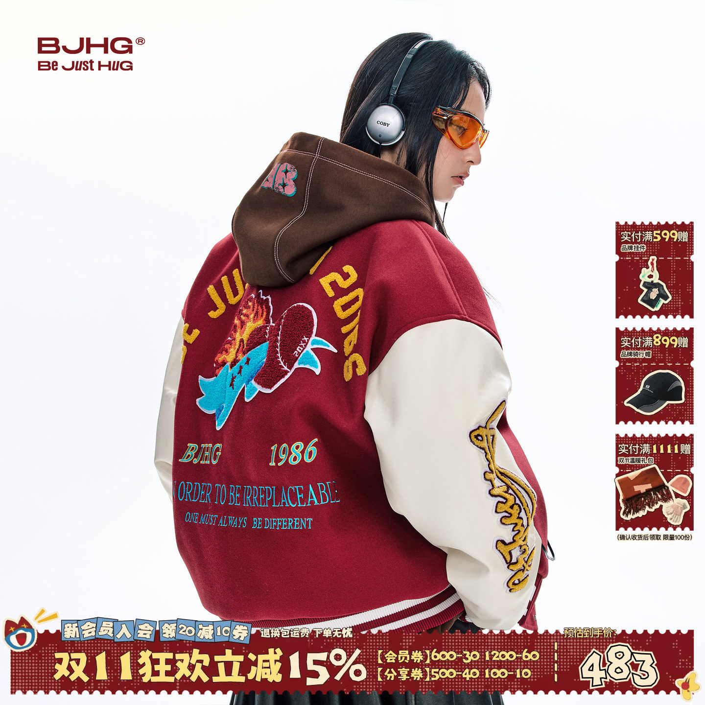 BJHG不计后果羽绒服男款冬季美式复古风潮牌棒球服飞行夹克外套女