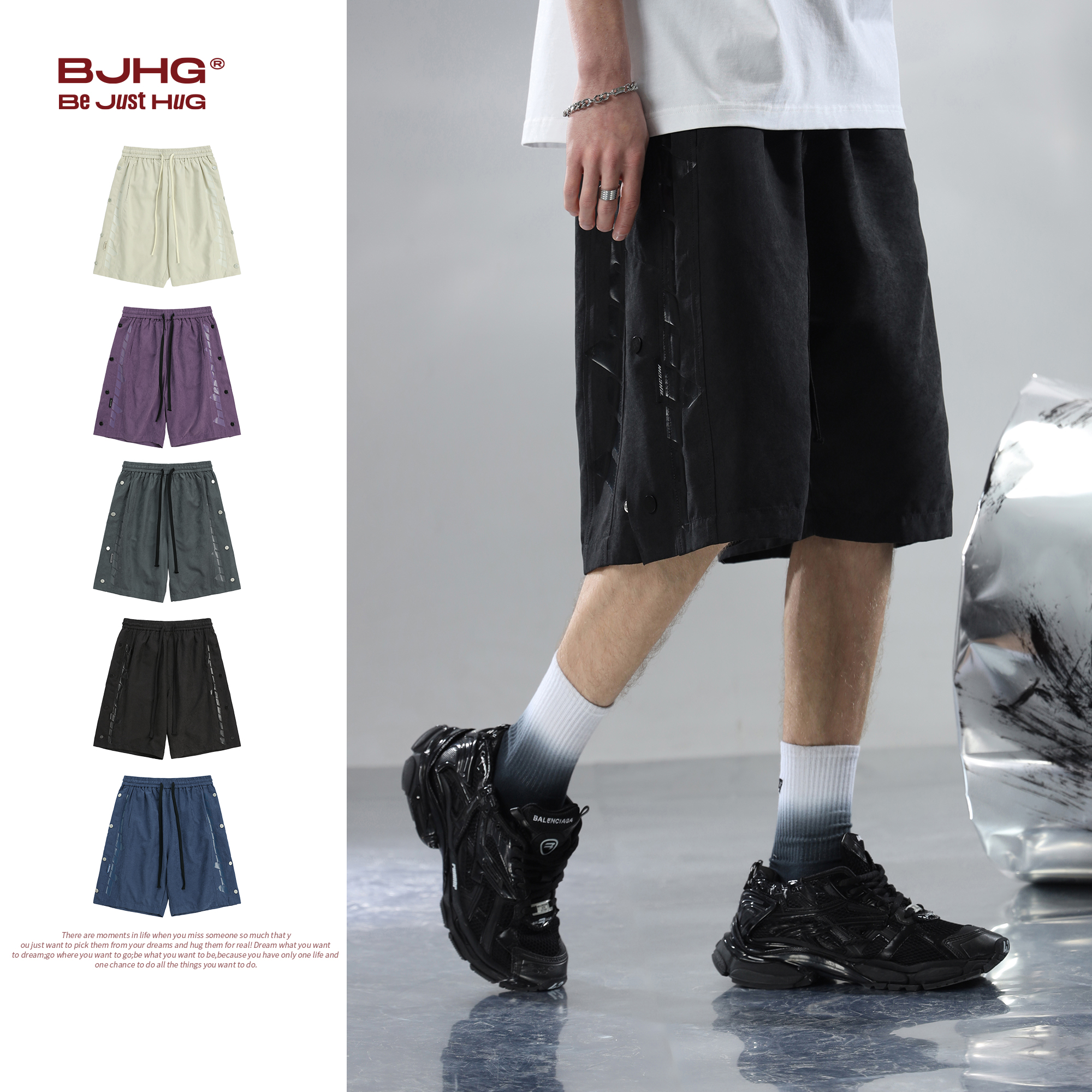 BJHG薄款運動短褲排扣設計五分褲