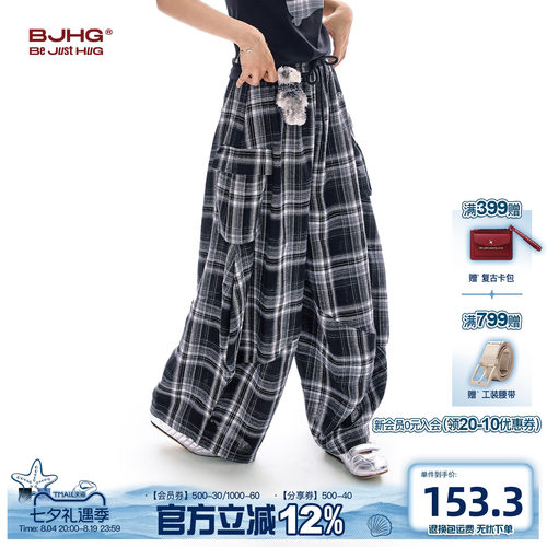 BJHG格子裤工装阔腿长裤短袖套装