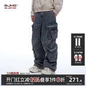 裤 BJHG不计后果休闲裤 灰色废土风立体口袋工装 复古牛仔裤 子男冬季