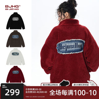 BJHG仿羊羔绒棉服女超厚冬潮牌牛仔拼接加厚酒红色棉衣情侣外套男