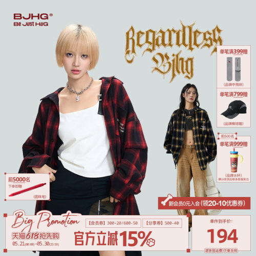 BJHG红色格子衬衫男春秋美式外套