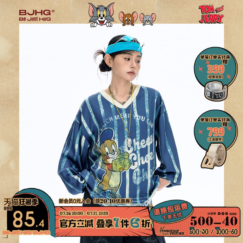 BJHG不计后果猫和老鼠联名长袖T恤女款2026新款秋V领罩衫美式球衣