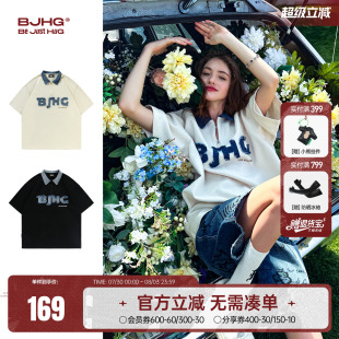 牛仔polo衫 男夏季 BJHG不计后果 短袖 复古翻领T恤 新款 重磅拼接美式