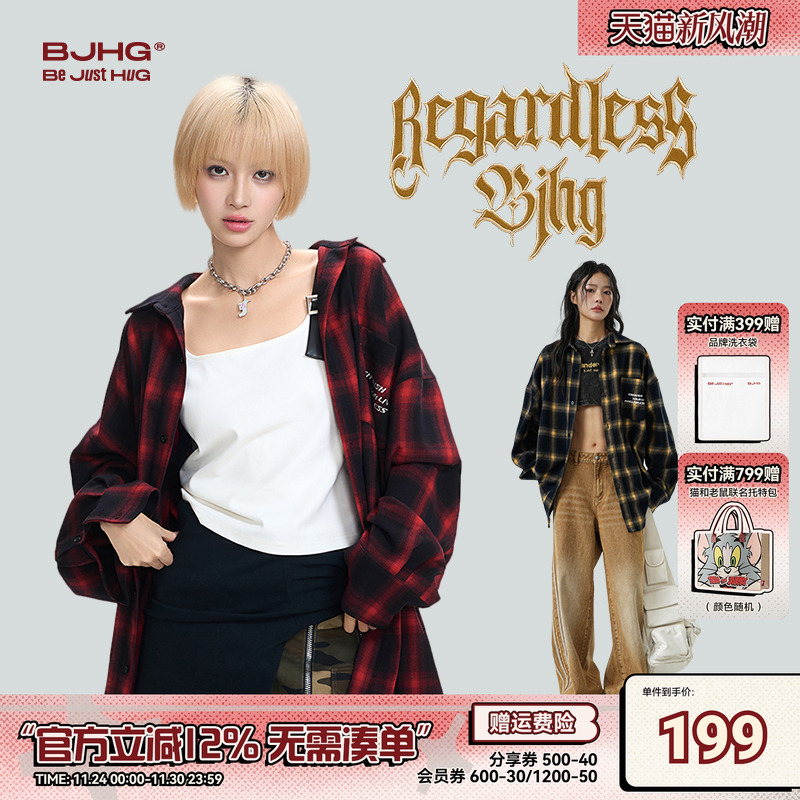 BJHG红色格子衬衫男秋季美式外套