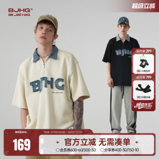 男美式 BJHG不计后果 短袖 夏牛仔拼接时尚 街头潮休闲情侣T恤 polo衫