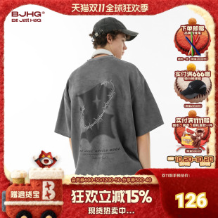 半袖 BJHG不计后果 高街潮牌重磅体恤情侣装 T恤男美式 女 夏麂皮短袖