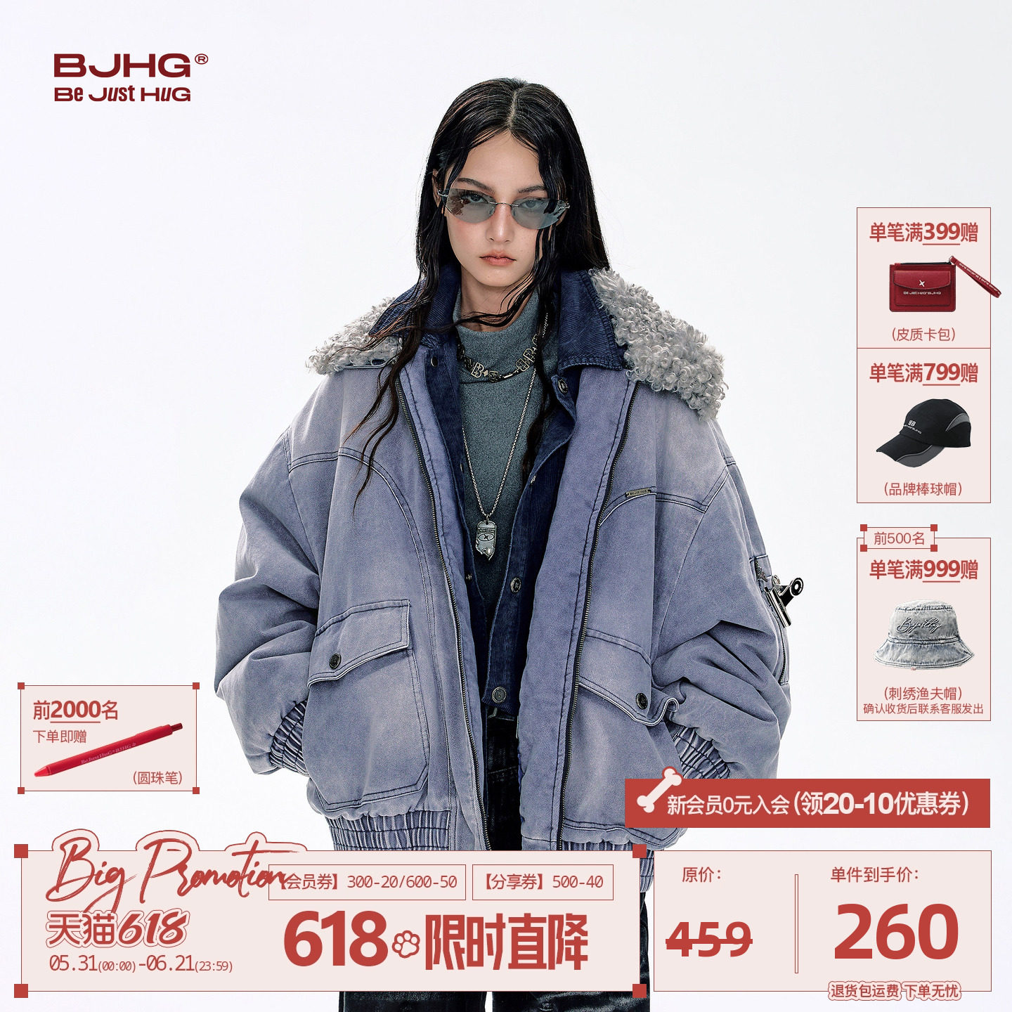 BJHG不计后果美式毛领做旧工装棉服男款冬复古牛仔加厚棉衣外套女