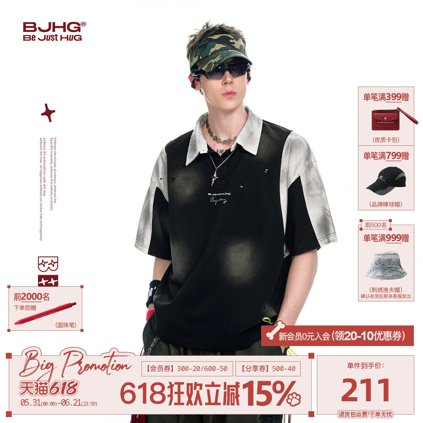 BJHG不计后果美式纯棉POLO衫短袖T恤男夏新款 做旧复古翻领高级感