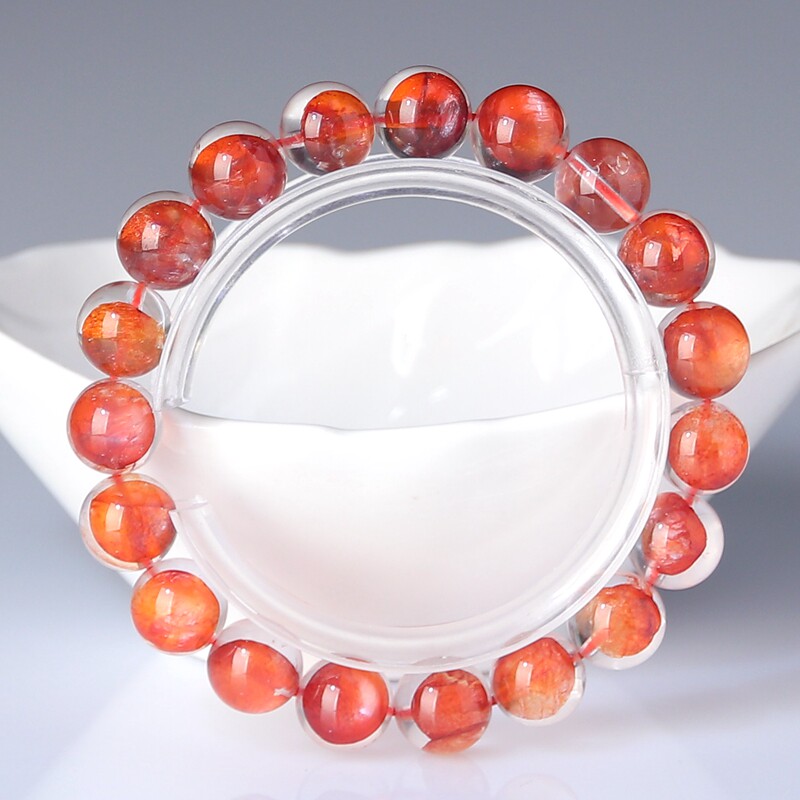 吴老头水晶 天然收藏级冰种鸩羽幽灵牛血红胶花手链 女款礼物情侣