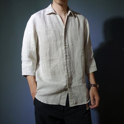 宽松薄款纯亚麻方领七分袖衬衫男