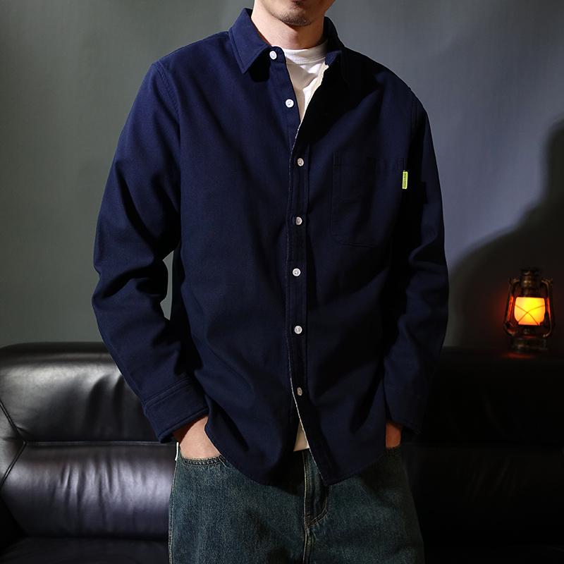 纯棉加绒秋冬新款男士长袖衬衫绣标休闲口袋简约青年纯色翻领衬衣