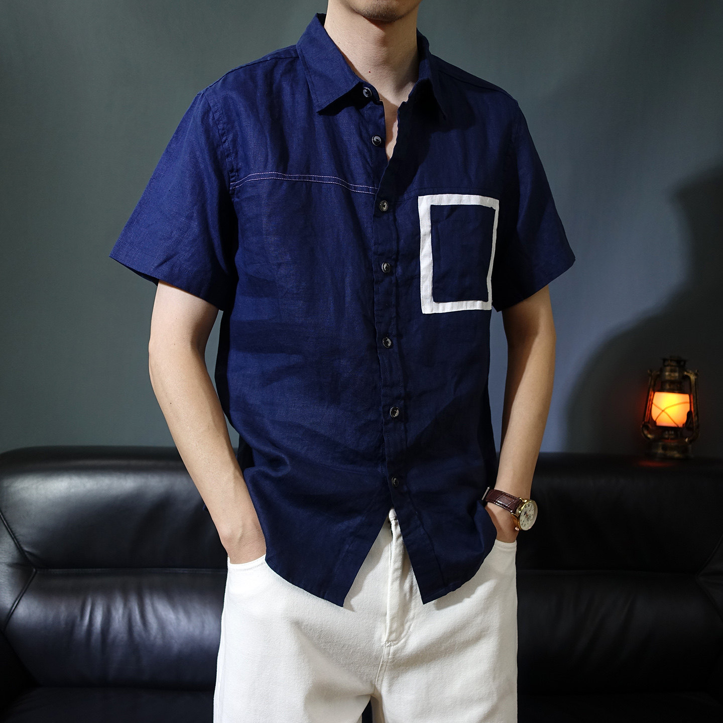 夏季薄款纯亚麻短袖衬衫男高级感痞帅拼色口袋翻领麻料半袖衬衣