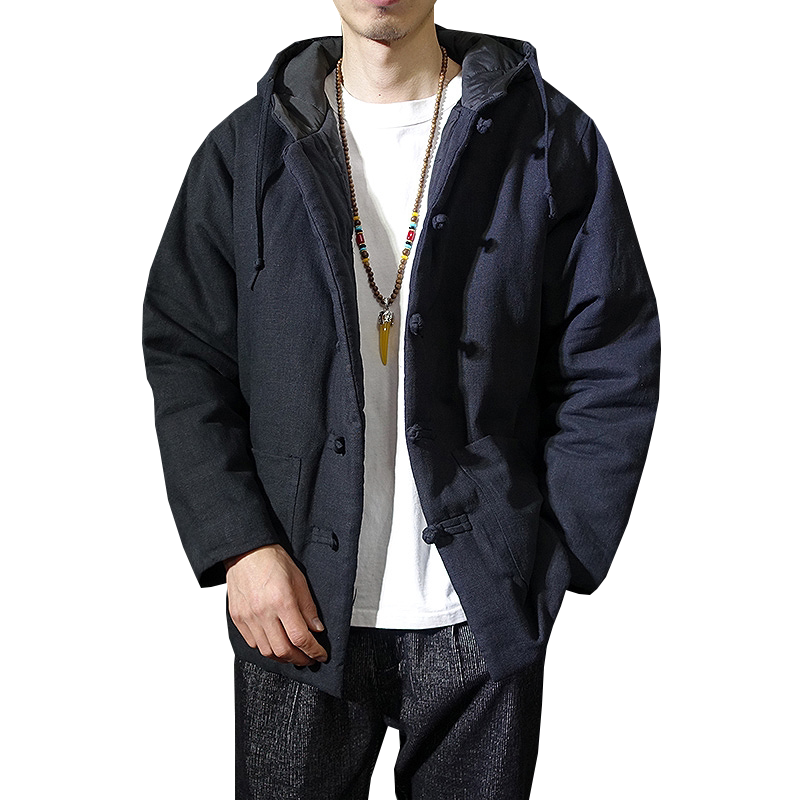 冬季保暖连帽苎麻唐装棉衣男士