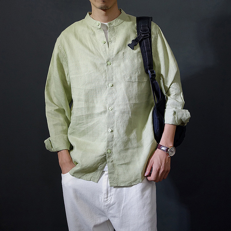 男士立领纯亚麻薄款长袖衬衫中国风纯色复古文艺春秋休闲中山装潮
