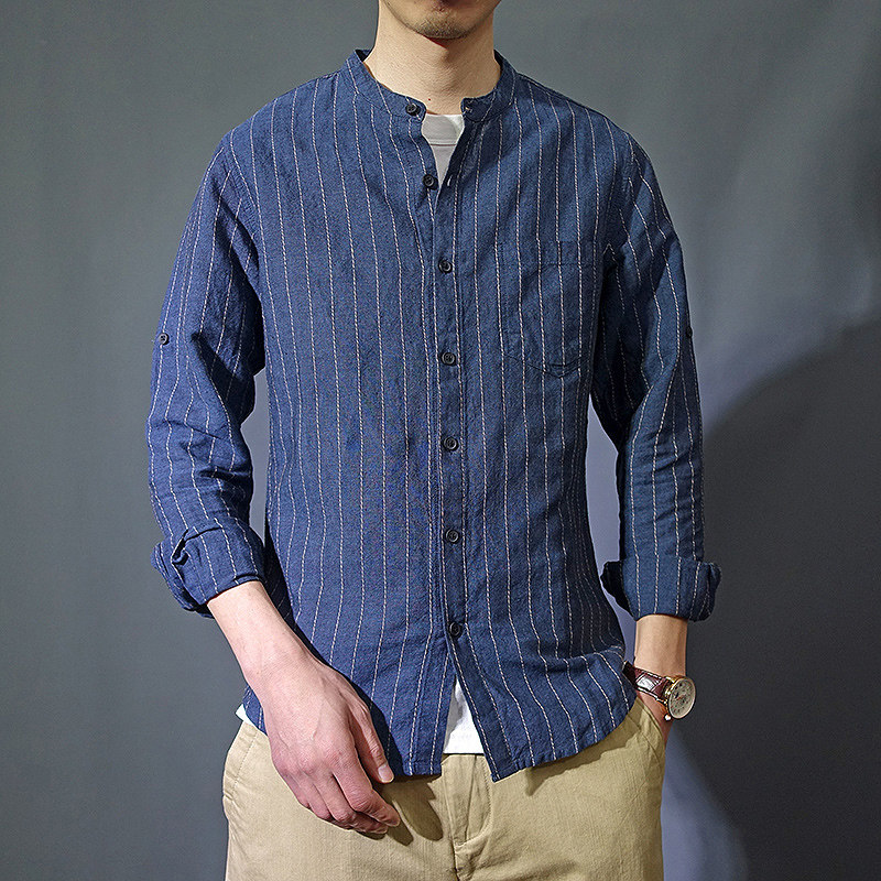棉麻帅气小立领竖条纹薄款长袖衬衫亚麻男款休闲复古衬衣文艺男装