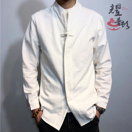 春秋男士立领盘扣衬衣白色长袖衬衫休闲唐装中国古风男装中山装潮
