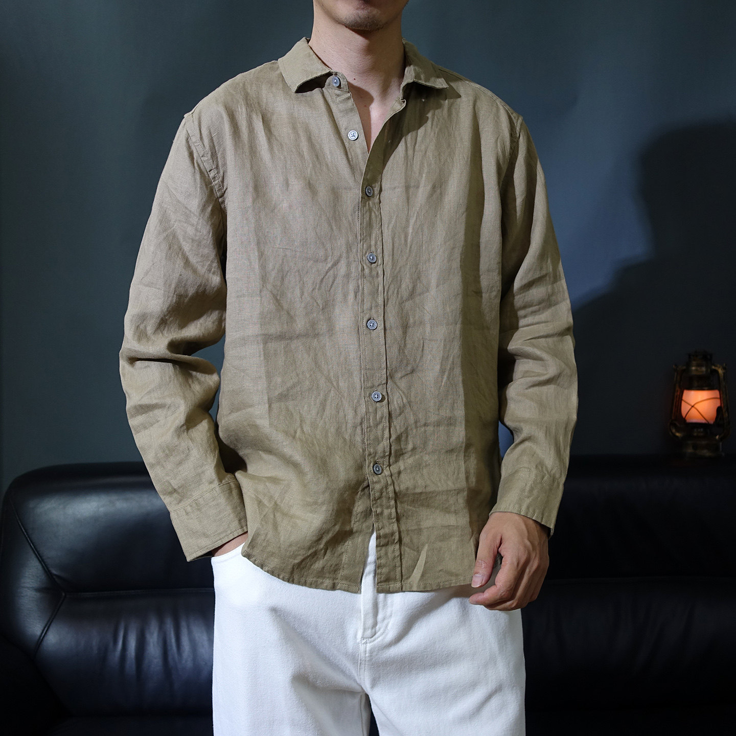 春秋100%亚麻温莎领男士长袖衬衫