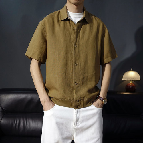 短款夏季亚麻老钱风短袖衬衫男士