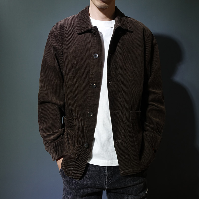 秋季翻领灯芯绒纯棉夹克男款长袖单层宽松休闲茄克衫单排扣外套潮