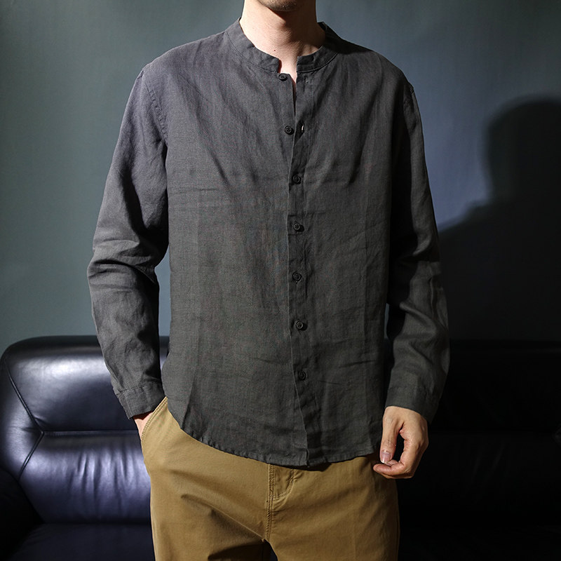 长袖男士纯亚麻文艺春秋茶服立领