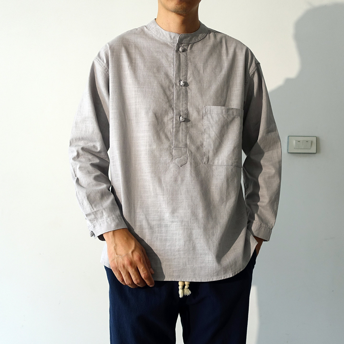 春秋宽松棉麻薄款套头立领长袖衬衫盘扣亚麻中山装男士新中式上衣
