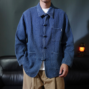 秋季多口袋中国风盘扣翻领唐装男款夹克宽松休闲新中式牛仔外套潮