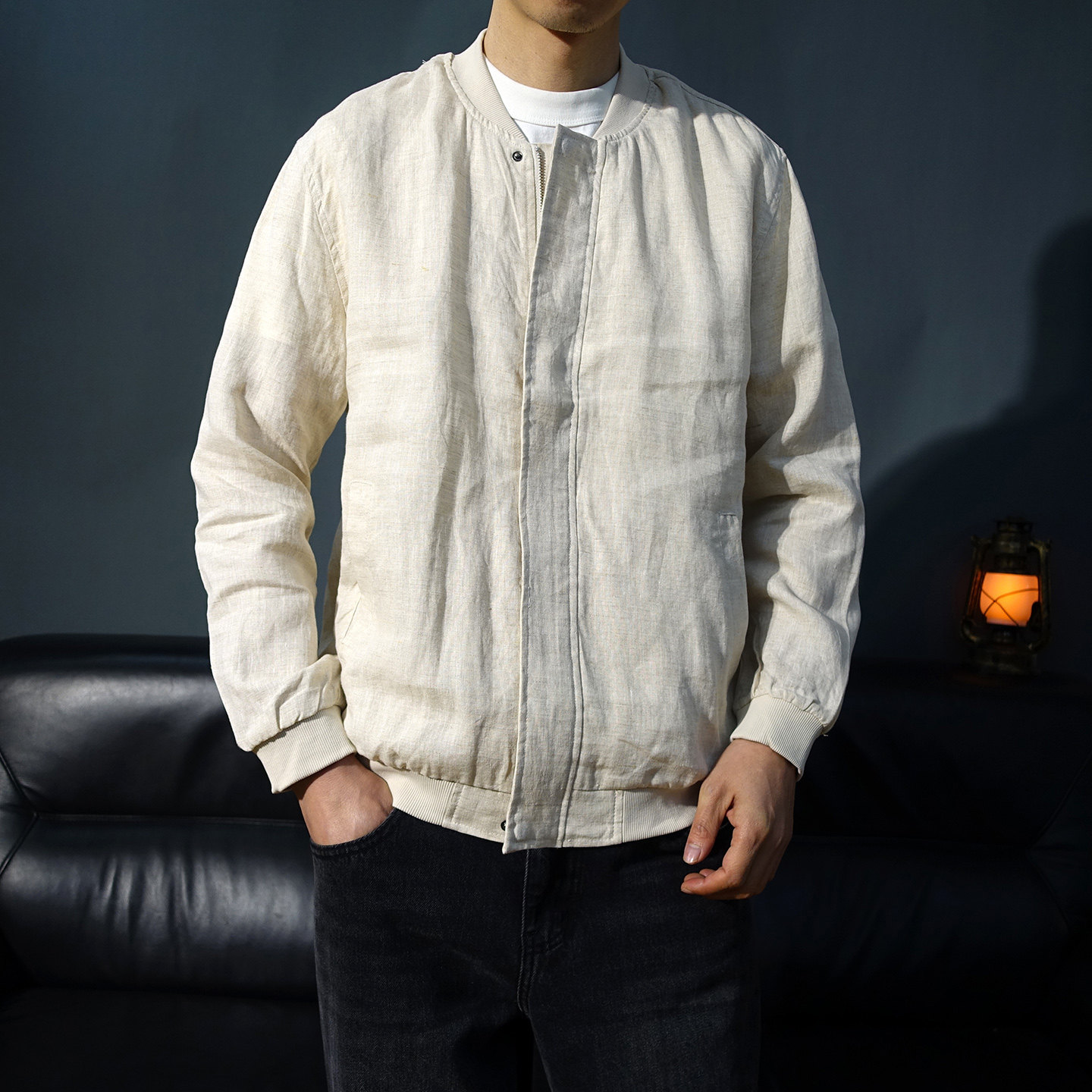 纯亚麻薄款棒球领夹克男款宽松老钱风休闲麻料春夏茄克开衫外套潮