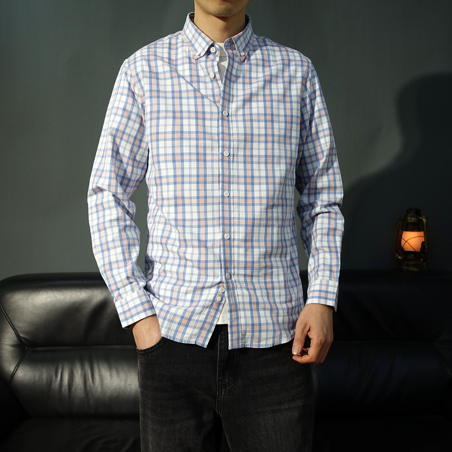 衬衫男款春装格子长袖衬衫莱赛尔扣领商务休闲衬衣青年寸衣爸爸装