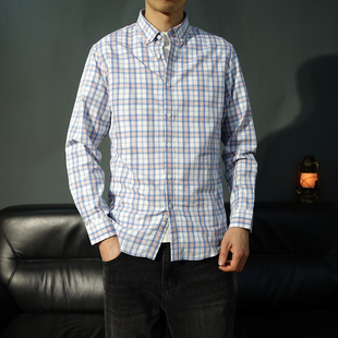衬衫男款春装格子长袖衬衫莱赛尔扣领商务休闲衬衣青年寸衣爸爸装