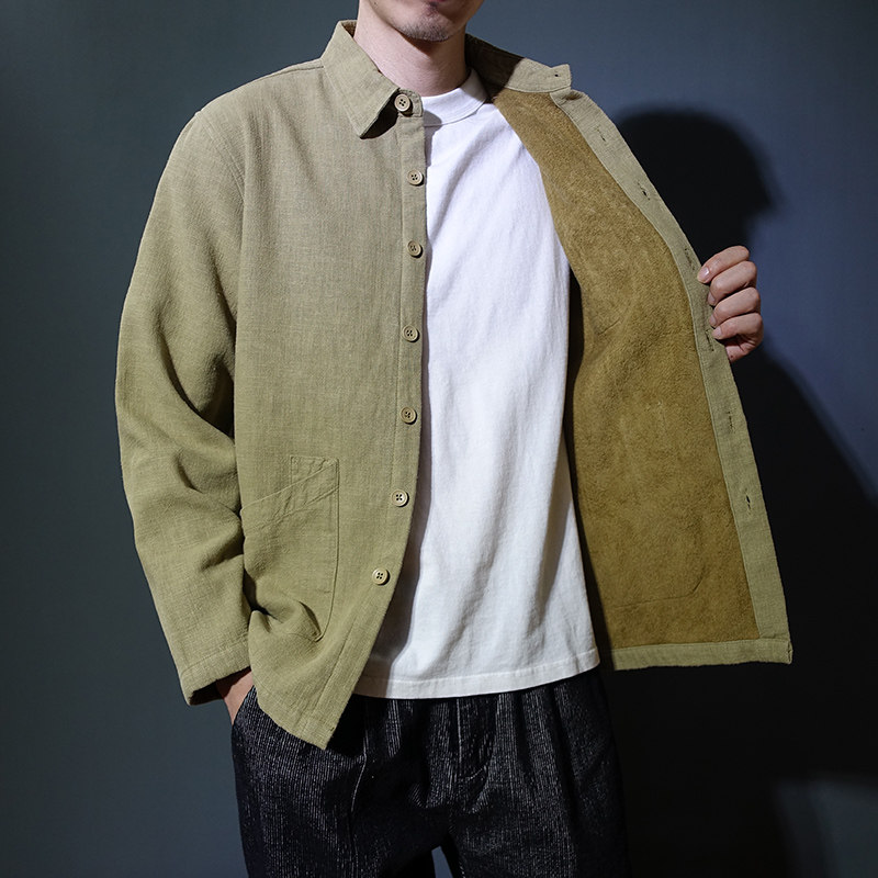 翻领苎麻秋冬加绒加厚长袖衬衫男棉麻多口袋保暖衬衣休闲茶服外套