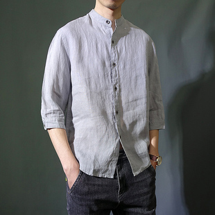 立领春夏纯亚麻七分袖衬衫宽松男士中国风薄款复古柔软麻料衬衣潮