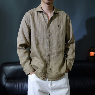 刺绣温莎领纯亚麻男款衬衫长袖