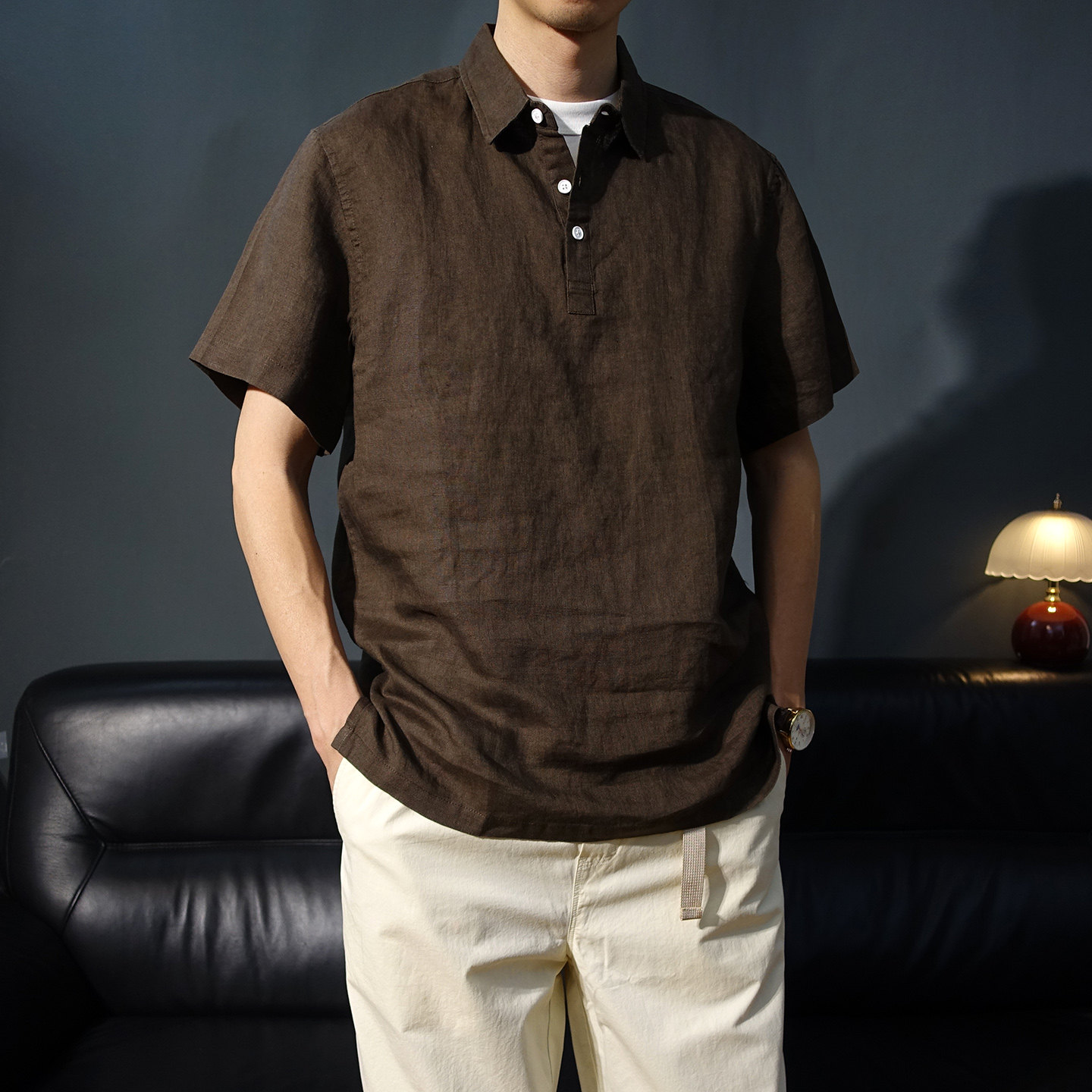 翻领套头纯亚麻老钱风男士短袖衬衫宽松休闲复古麻料衬衣夏季上衣