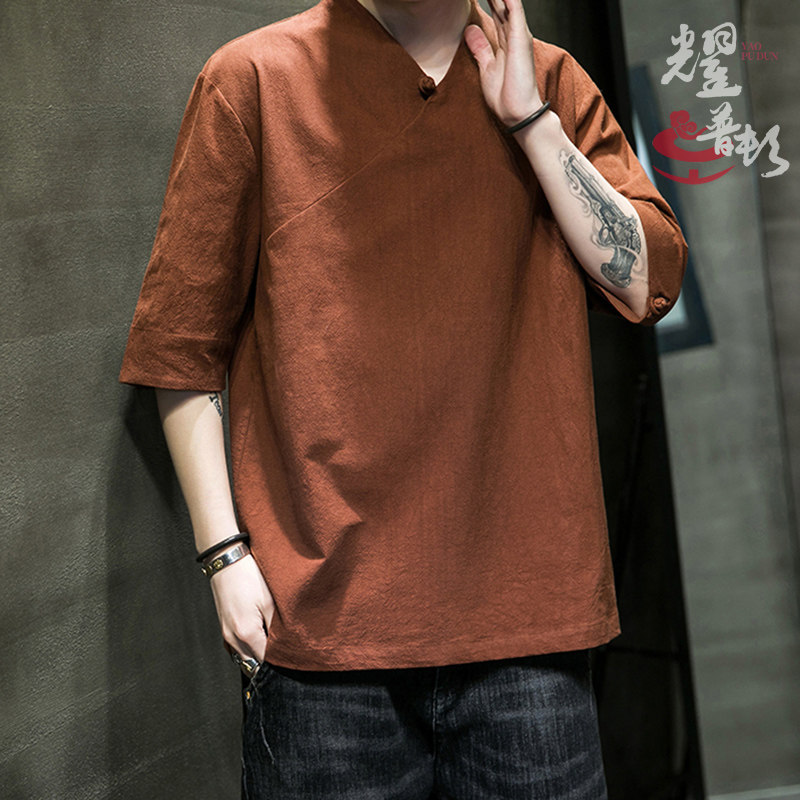 V领盘扣唐装打底衫春夏五分袖T恤道袍复古男装中国风古装汉服上衣
