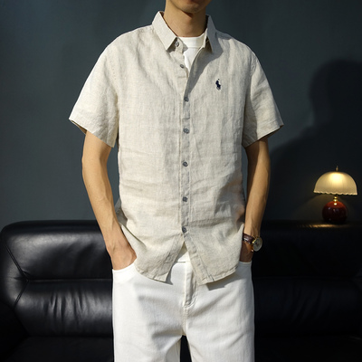 夏季刺绣翻领纯亚麻短袖衬衫男
