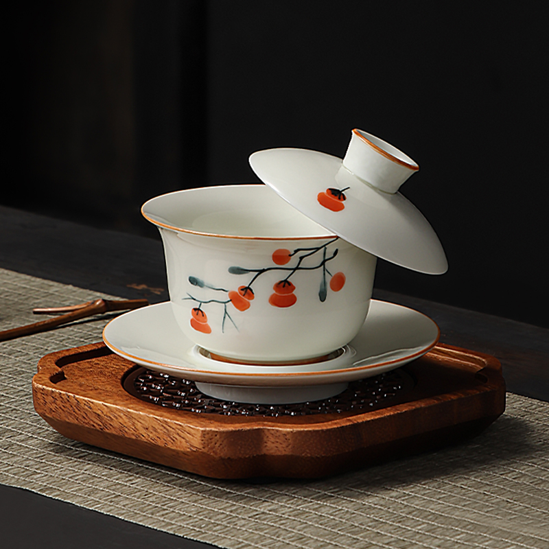 手绘草木灰悬停三才盖碗