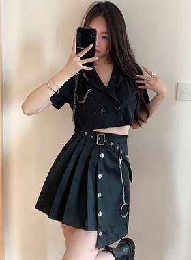 黑色工装半身裙女显瘦高腰不规则百褶短裙短袖短款上衣两件套装潮