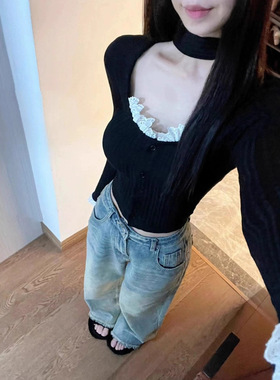 黑色法式复古蕾丝花边长袖T恤女秋季内搭修身显瘦温柔打底衫上衣