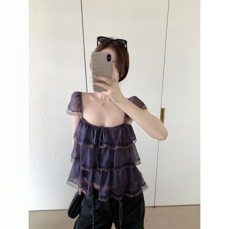 板栗可可Bankelili'潘海利根'荷叶边蕾丝层次感小飞袖方领吊带女图片