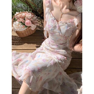 2026新款设计感荷叶边绝美仙气油画连衣裙不规则鱼尾碎花吊带长裙